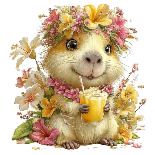 guinea pig, cute animal, flower crown, floral, yellow flowers, pink flowers, cream colored, soft pastel, whimsical, nature, garden, spring, summer, beverage, juice drink, happy animal, children's, nursery, playful, kawaii, botanical, hibiscus, daisy, cheerful, cottage core, folk art, illustrated, character design, woodland creature