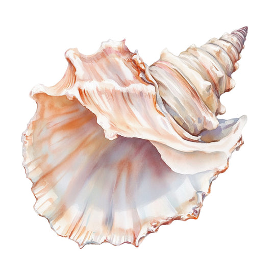 Watercolor Sea Shells Fabric Panel 9 featuring a detailed, soft-toned seashell design printed on premium quilting cotton.