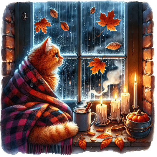 orange cat, red tabby, autumn leaves, fall theme, cozy, fireside, rainy day, window scene, candles, plaid blanket, plaid pattern, warm tones, burnt orange, deep red, burgundy, cream, blue-gray, rainy window, maple leaves, pumpkins, fall harvest, hygge, rustic, whimsical, celestial, cozy cat, autumn animals, seasonal, fall decor, warm and inviting