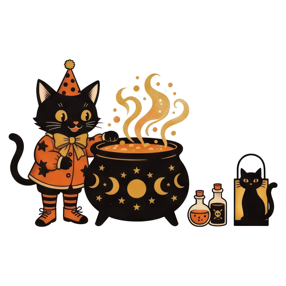 black cat, orange, gold, celestial, stars, moon, cauldron, witch, halloween, potion bottles, party hat, whimsical, magical, spooky, autumn, fall, holiday, black cat silhouette, witchy, enchanted, party theme, costume, festive, mystical, dark academia, charming, playful, decorative panel, statement print