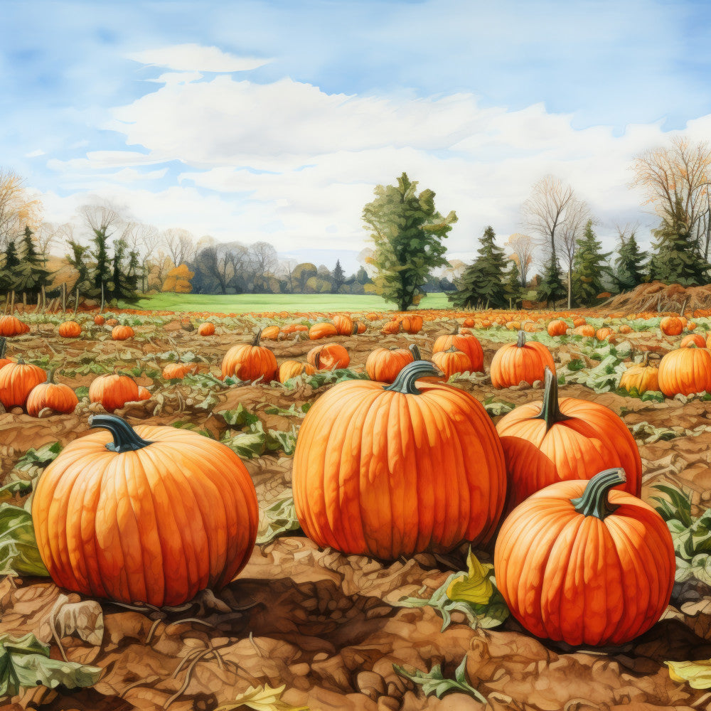 pumpkin patch, autumn, fall, harvest, orange, rust, burnt orange, green, sky blue, cream, farmhouse, rustic, scenic landscape, pumpkins, nature, seasonal, countryside, rural, thanksgiving, farm, field, trees, clouds, autumn decor, fall harvest, thanksgiving decoration, pumpkin picking