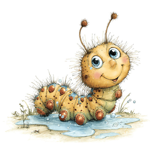 cute bug, whimsical caterpillar, children's illustration, bright yellow, soft green, sky blue, water droplets, nature-inspired, garden theme, playful character, friendly creature, spotted pattern, adorable animal, storybook style, nursery decor, baby fabric, puddle scene, grass elements, dotted motif, cheerful design, colorful illustration, fantasy creature, children's bedding, whimsical style, spring theme, magical garden, eye-catching colors, character print, kid's quilt, illustrated panel