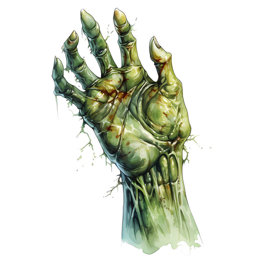 zombie hand, undead, horror, green skin, moss green, sage green, olive green, chartreuse, decay, gothic, dark fantasy, monster, creature, supernatural, spooky, halloween, macabre, fantasy art, illustration, detailed, realistic, anatomical, creepy, eerie, brown accents, rotting, diseased, texture, character design, dark theme