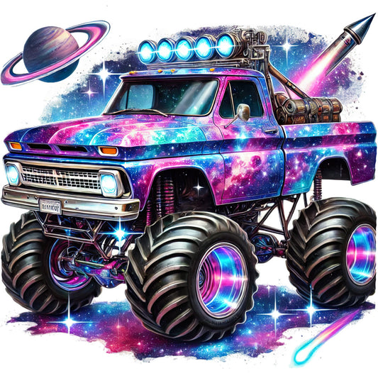 neon pink, electric blue, cosmic purple, magenta, cyan, galaxy print, space theme, monster truck, vintage truck, celestial, stars, planets, neon glow, retro futurism, sci-fi, whimsical, bold colors, vibrant, modern, abstract, boy themes, vehicle, truck art, glowing effects, nighttime, fantasy, pop art style, oversized print, statement fabric