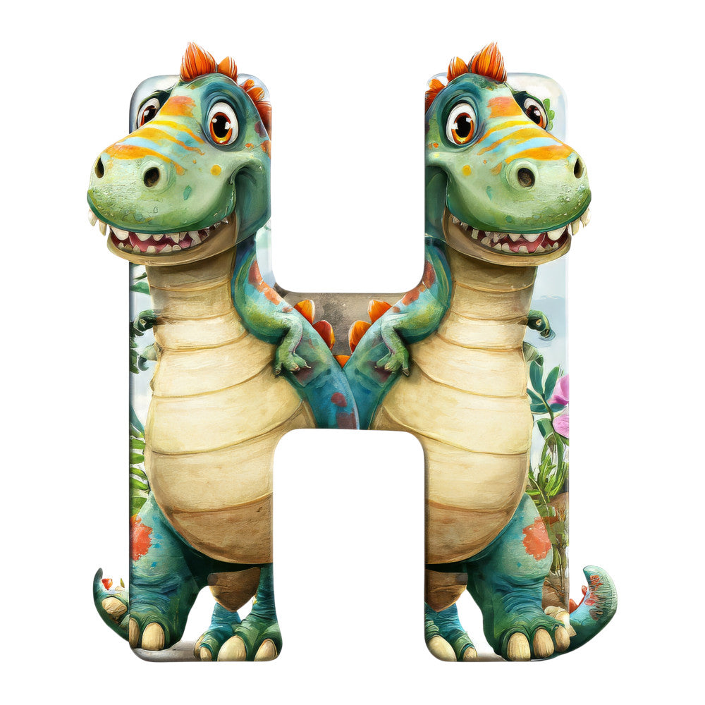 dinosaur, letter h, green, orange, teal, cream, beige, cartoon style, friendly dinosaur, twin dinosaurs, mirrored design, children's fabric, playful, alphabet panel, educational, prehistoric, reptile, smiling characters, fabric panel, quilting cotton, nursery theme, kids decor, whimsical, colorful illustration