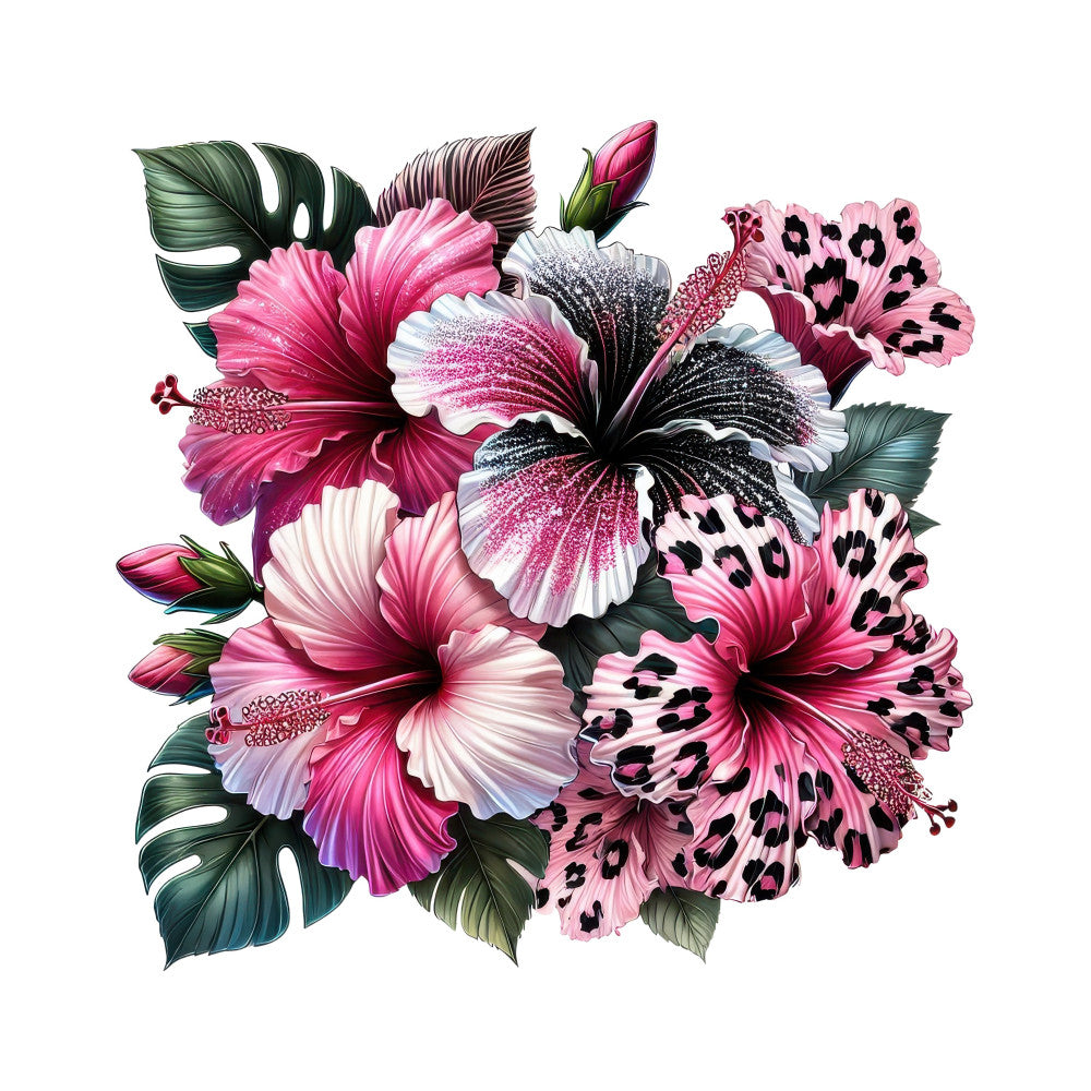 hot pink, fuchsia, magenta, black, white, cream, deep pink, dark green, forest green, floral, leopard print, animal print, spotted, tropical, nature, botanical, hibiscus, modern, elegant, whimsical, bold, vibrant, summer, spring, large scale print, statement print, monstera leaves, buds, stamens, sophisticated