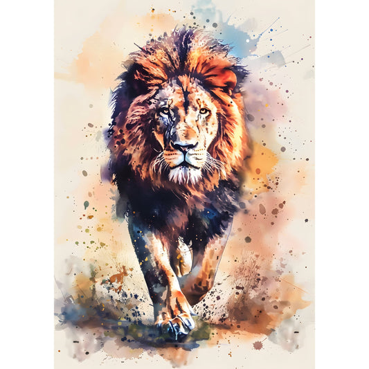 lion, watercolor, abstract, animal, wildlife, safari, nature, warm tones, golden yellow, burnt orange, terracotta, cream, beige, navy blue, dusty blue, splatter, paint splatter, artistic, modern, contemporary, majestic, bold, dramatic, face portrait, big cats, african, rustic, earth tones, wall hanging, home decor