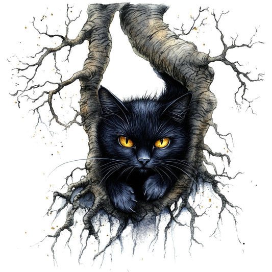 black cat, golden yellow eyes, tree branches, nature, mystical, dark art, whimsical, gothic, forest, wildlife, animal portrait, magical, spooky, moody, contemporary, fantasy, autumn, winter, bold black, dark blue, charcoal gray, tan, metallic accents, cat lover, nature inspired, artistic, dramatic, statement piece