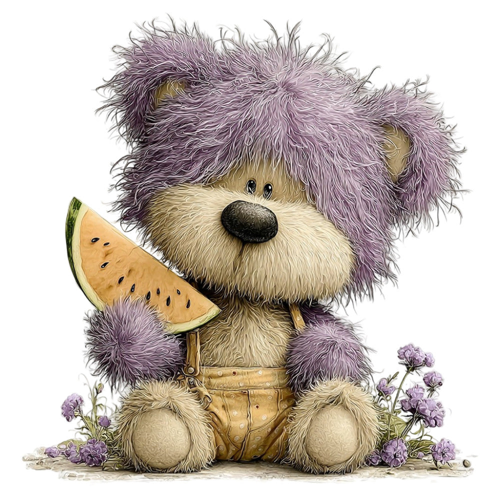 cute bear, whimsical, lavender, dusty purple, cream, tan, watermelon, fruit, animals, teddy bear, children's, baby, playful, sweet, soft, nature, flowers, purple flowers, summer, spring, nursery, kids quilt, wall hanging, storybook, illustration, gentle, charming, pastoral