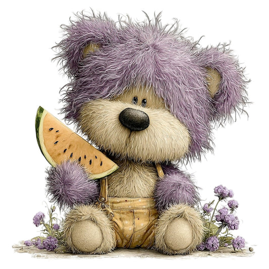 cute bear, whimsical, lavender, dusty purple, cream, tan, watermelon, fruit, animals, teddy bear, children's, baby, playful, sweet, soft, nature, flowers, purple flowers, summer, spring, nursery, kids quilt, wall hanging, storybook, illustration, gentle, charming, pastoral