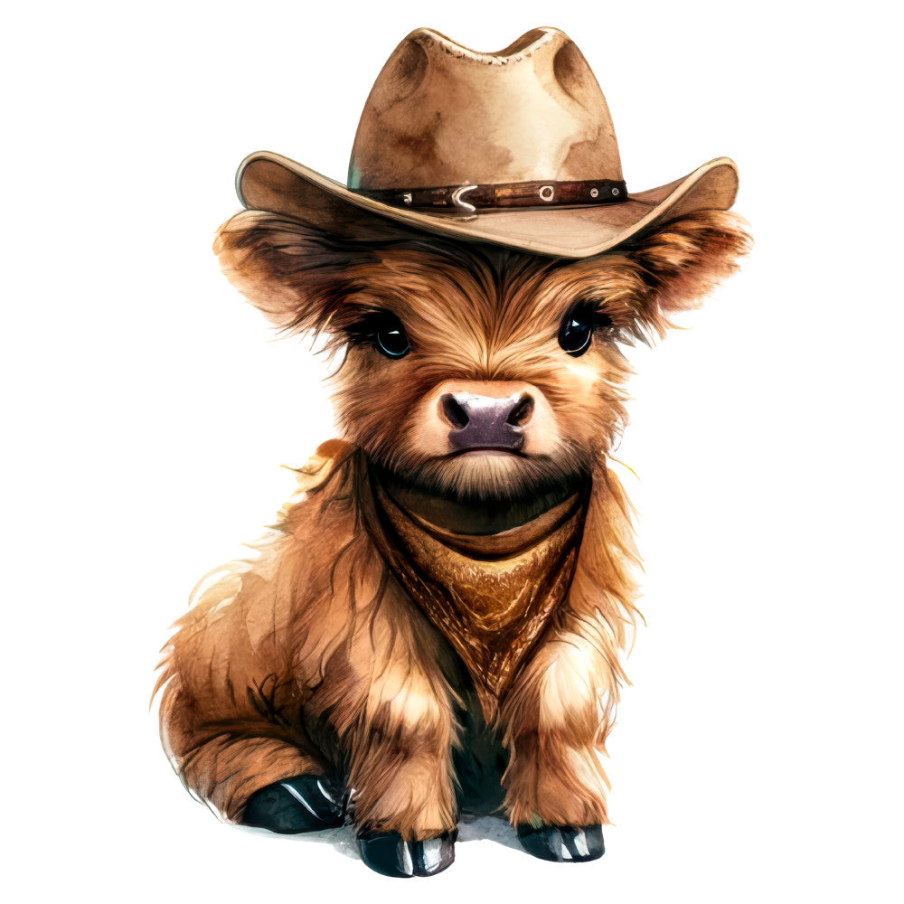 cowboy cattle, highland cow, brown tan, cream beige, western theme, farmhouse style, rustic animal, whimsical cow, novelty print, children's fabric, cute cow, bandana, cowboy hat, farm animal, country style, humorous design, baby quilt, decorative panel, brown and tan, animals, western wear, charming cow, quirky print, playful theme, nursery fabric, ranch style, livestock, wall hanging, southwest theme