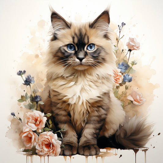 Watercolor Cats with Flowers Fabric Panel 17 featuring a detailed watercolor cat surrounded by roses and floral accents on quilting cotton fabric.