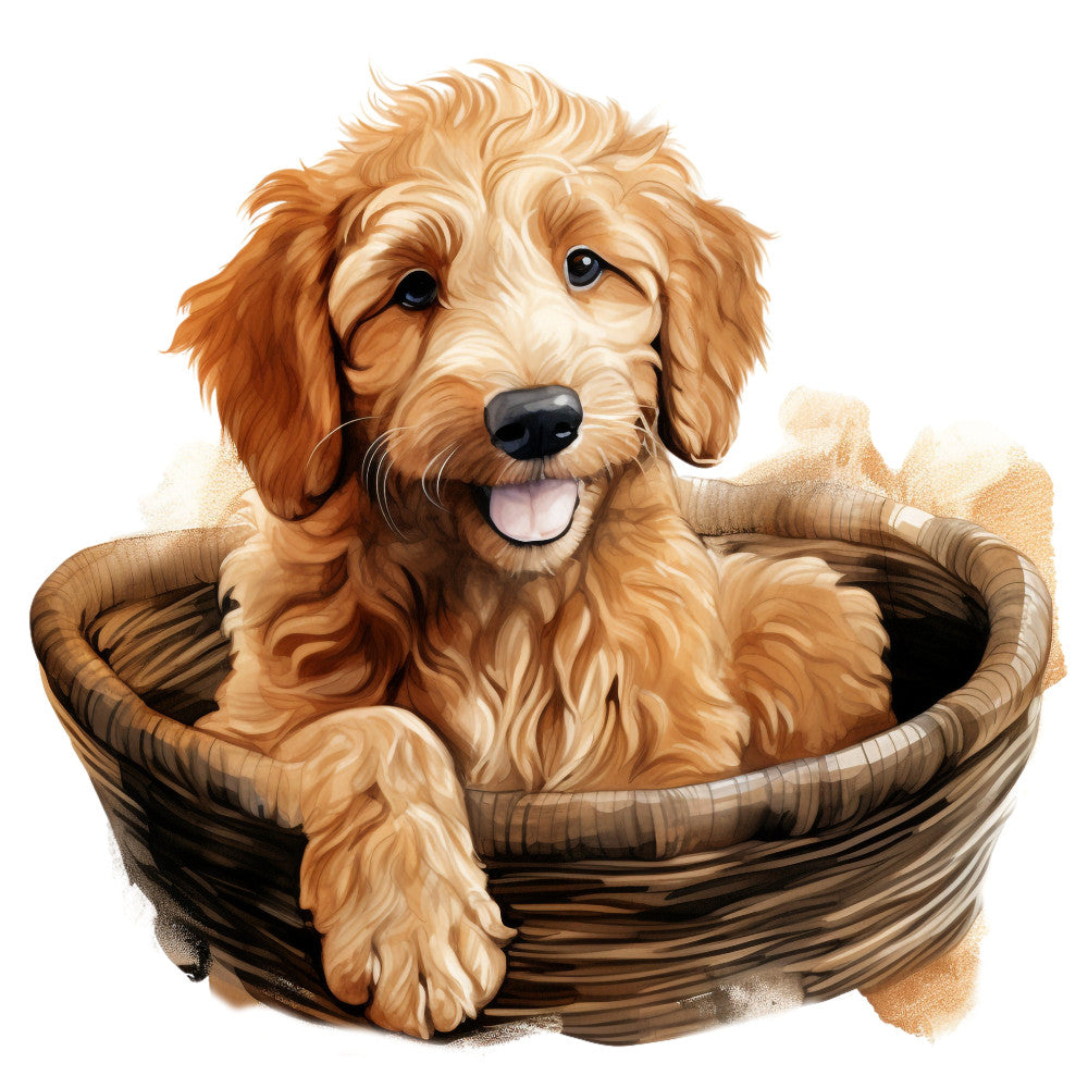 golden retriever, doodle dog, apricot, cream, tan, brown, dog portrait, animal, pet lover, cute animals, basket, whimsical, playful, friendly, warm tones, earth tones, children's, dog breed, furry friends, happy expression, tongue out, illustration style, realistic artwork, dog panel, nursery, kids fabric, dog lover gift, adorable pets