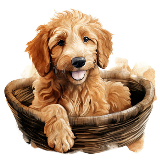 golden retriever, doodle dog, apricot, cream, tan, brown, dog portrait, animal, pet lover, cute animals, basket, whimsical, playful, friendly, warm tones, earth tones, children's, dog breed, furry friends, happy expression, tongue out, illustration style, realistic artwork, dog panel, nursery, kids fabric, dog lover gift, adorable pets