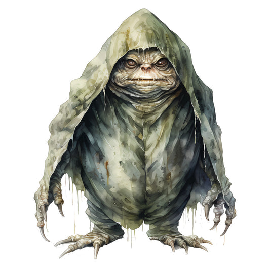 sage green, moss green, cream, beige, tan, taupe, character panel, fantasy creature, monster, toad, frog, hooded figure, villainous character, whimsical, dark fantasy, sci-fi, science fiction, creature feature, novelty, character design, illustration, adventure theme, fantasy themed, menacing expression, textured, detailed artwork, pop culture, fan art style