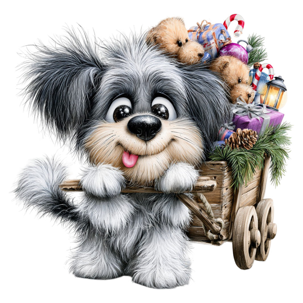 cute puppy, fluffy dog, shih tzu, holiday, christmas, festive, winter, gift box, presents, ornaments, candy cane, lantern, pinecones, evergreen, puppy dog face, charcoal gray, white, cream, black nose, whimsical, playful, children's, kid-friendly, novelty, animal theme, festive holiday, christmas sleigh, cheerful, joyful, adorable