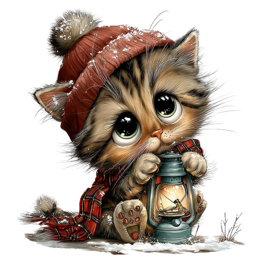 cat, kitten, winter, snow, holiday, christmas, plaid, red plaid, tartan, lantern, cozy, whimsical, cute animals, festive, snow covered, winter clothing, hat, rustic, warm tones, rust red, cream, tan, beige, forest green, charming, woodland, campfire, vintage style, child friendly, storybook illustration