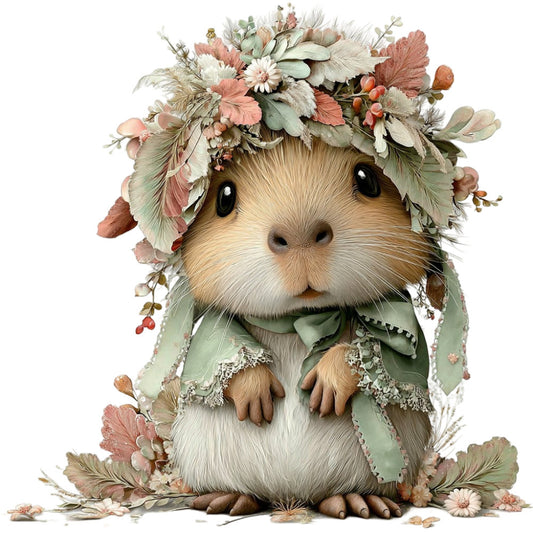 guinea pig, cute animals, woodland creatures, rodent, floral crown, spring flowers, pastel colors, cream, soft pink, coral pink, sage green, dusty rose, white flowers, daisies, botanical, nature-inspired, whimsical, vintage style, cottage core, farmhouse aesthetic, baby quilt, nursery decor, children's fabric, storybook illustration, romantic, delicate flowers, berry motifs, leaf details, easter theme, spring season