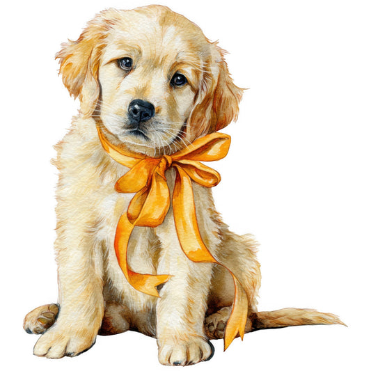 golden retriever, cream, golden yellow, orange, tan, beige, dog portrait, animal, pet, puppy, ribbon bow, whimsical, cute, adorable, children's, kids, nursery, storybook, illustration, watercolor, realistic, detailed, friendly, sweet, gift giving, decorative, wall hanging, baby quilt, children's apparel, warm tones