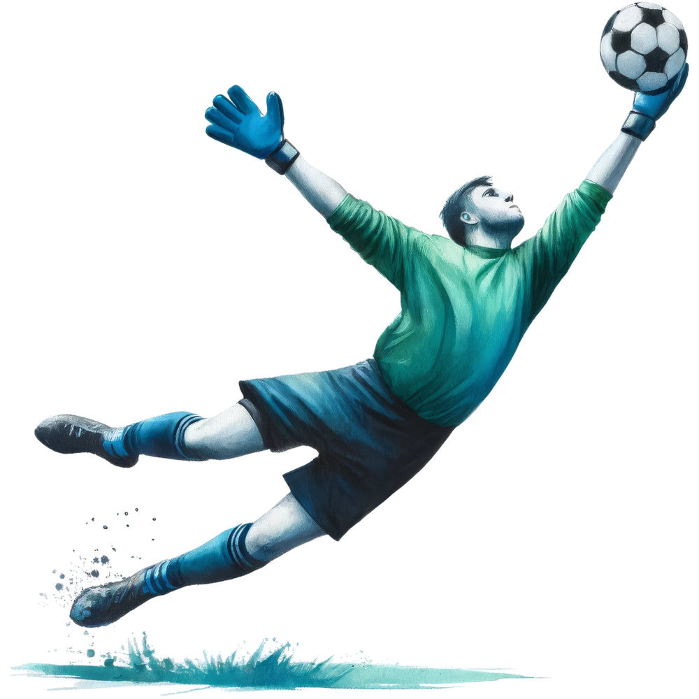 soccer, goalkeeper, sports, athletic, teal blue, navy blue, green, white, action pose, dynamic, jumping, sports themed, soccer ball, goalkeeper gloves, athletic wear, sports fan, soccer fan, sports illustration, modern, contemporary, masculine, boys, men, sports apparel, athletic illustration, competitive spirit, goal keeper, soccer equipment