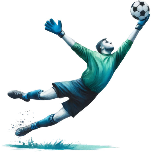 soccer, goalkeeper, sports, athletic, teal blue, navy blue, green, white, action pose, dynamic, jumping, sports themed, soccer ball, goalkeeper gloves, athletic wear, sports fan, soccer fan, sports illustration, modern, contemporary, masculine, boys, men, sports apparel, athletic illustration, competitive spirit, goal keeper, soccer equipment