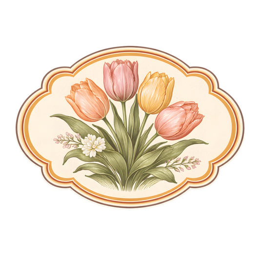 tulip, coral pink, dusty rose, golden yellow, sage green, cream, floral, botanical, vintage, traditional, elegant, spring, nature, flowers, layered petals, garden, small white flowers, decorative border, scalloped edge, ornate frame, warm tones, romantic, cottage core, timeless, multi-color floral, delicate, ornamental, heirloom style