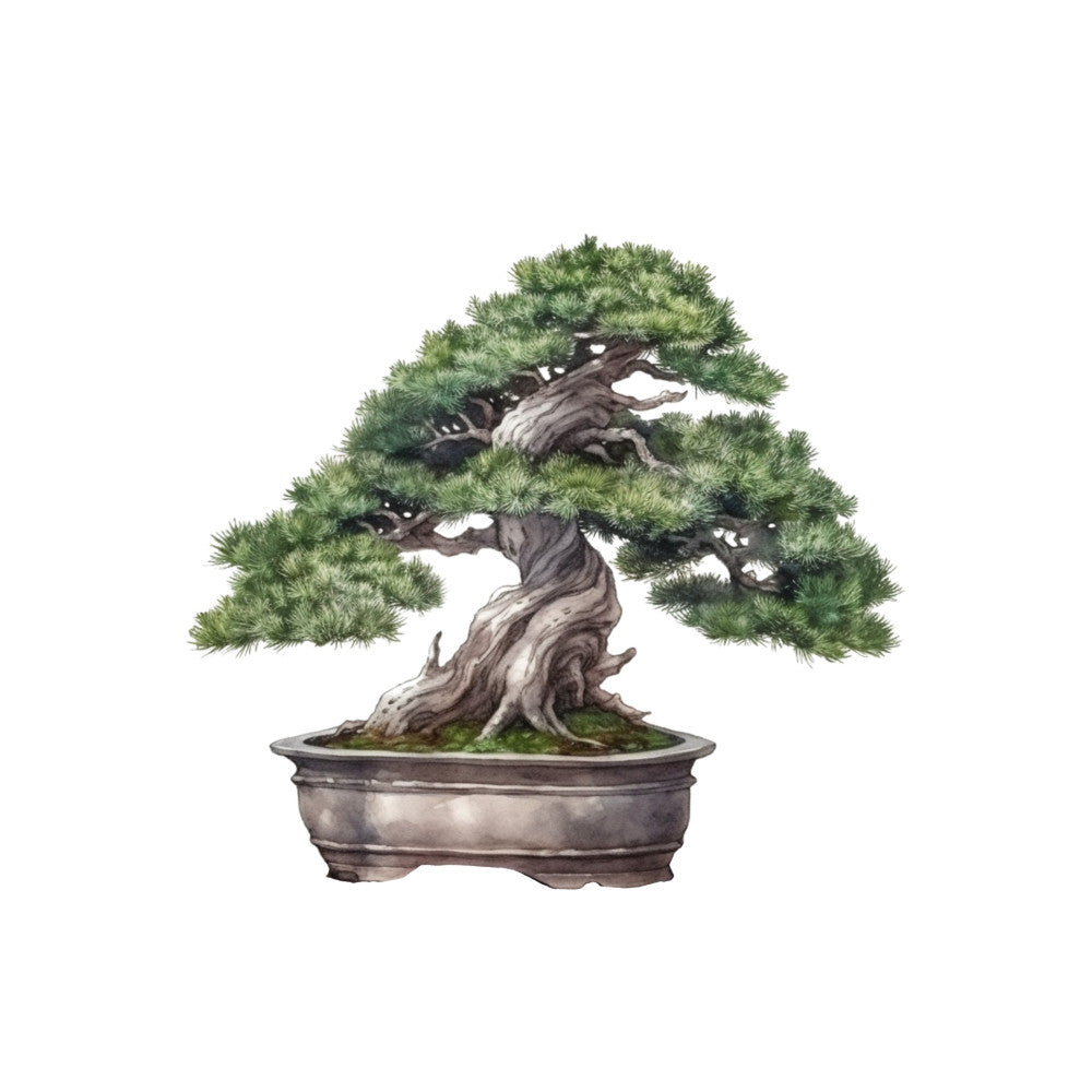 bonsai tree, fabric panel, green foliage, brown trunk, ceramic pot, white background, botanical art, zen garden, japanese style, miniature tree, twisted branches, pine needles, earthy tones, peaceful design, nature motif, quilting cotton, gardening theme, meditation imagery, organic shapes, artistic illustration