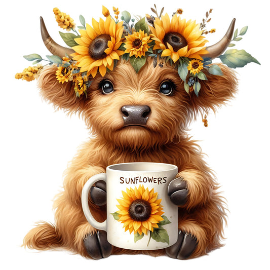 Sunflower Highland Cows Fabric Panel 29 features a cute highland cow with a sunflower crown holding a sunflower mug design.