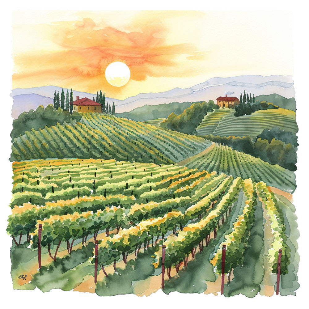 watercolor painting, vineyard landscape, rolling hills, sunset scene, golden yellow, warm orange, sage green, lavender purple, cypress trees, mediterranean style, rustic farmhouse, grape vines, agricultural rows, summer evening, peaceful countryside, fabric panel, quilting cotton, landscape art, pastoral scene, wine country