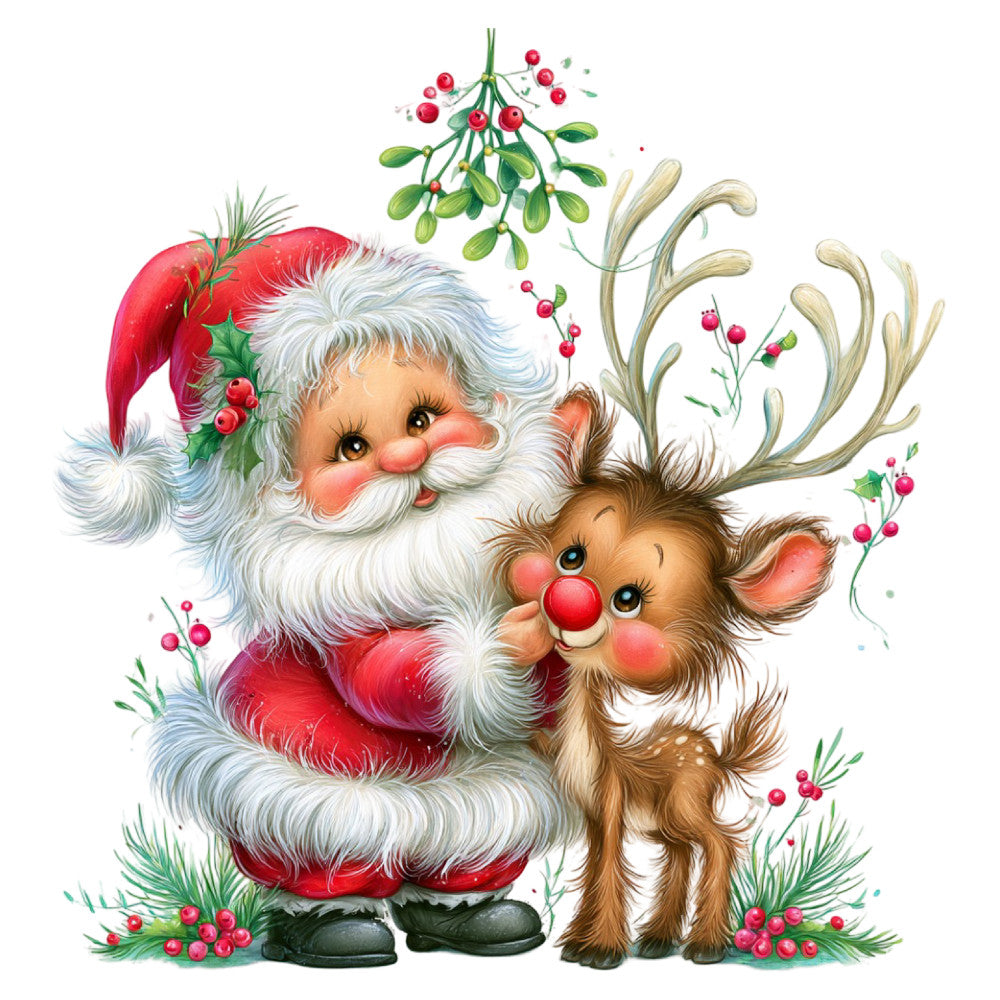 santa claus, reindeer, christmas, holiday, festive, red, white, green, cream, berry red, forest green, whimsical, vintage, nostalgic, traditional, cute animals, jolly, cheerful, mistletoe, holly berries, winter, seasonal, character panel, children's, retro, folk art, decorative, magical, gift-giving