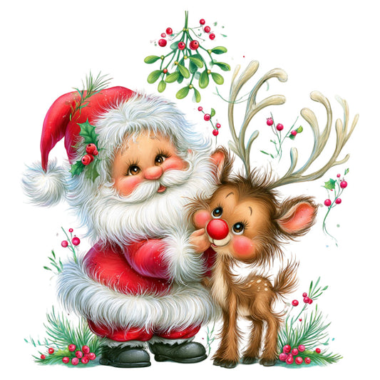santa claus, reindeer, christmas, holiday, festive, red, white, green, cream, berry red, forest green, whimsical, vintage, nostalgic, traditional, cute animals, jolly, cheerful, mistletoe, holly berries, winter, seasonal, character panel, children's, retro, folk art, decorative, magical, gift-giving