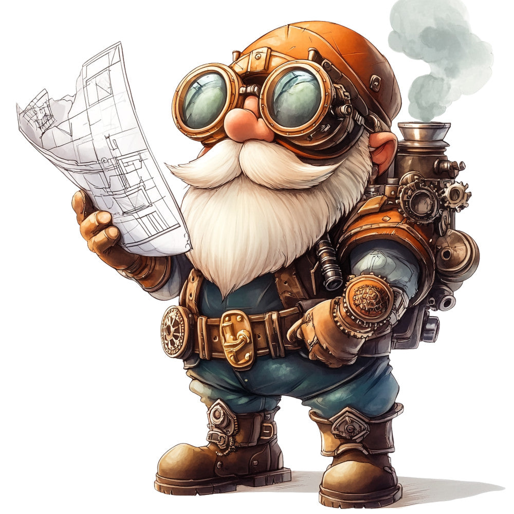 steampunk gnome, mechanical gadgets, copper tones, bronze colors, brass accents, goggles, white beard, blue pants, brown boots, gears, blueprints, inventive character, fantasy illustration, whimsical design, fabric panel, quilting cotton, adventure theme, clockwork elements, victorian inspired, detailed artwork