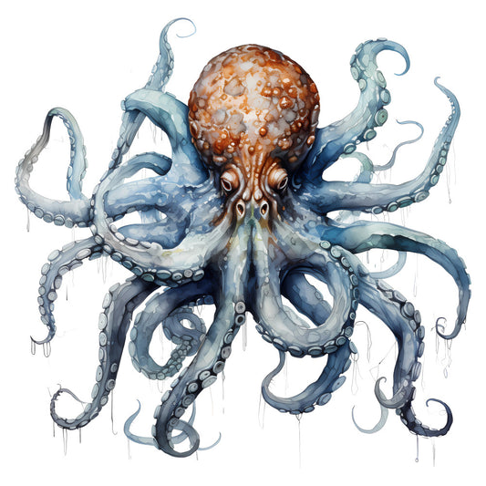 octopus, sea creature, marine life, nautical, ocean, underwater, steampunk, whimsical, fantasy, blue, rust orange, terracotta, cream, gray, blue-gray, slate blue, watercolor, illustrated, detailed, realistic, steampunk style, coastal, beach, cephalopod, adventure, curious, artistic, wall hanging, decorative panel