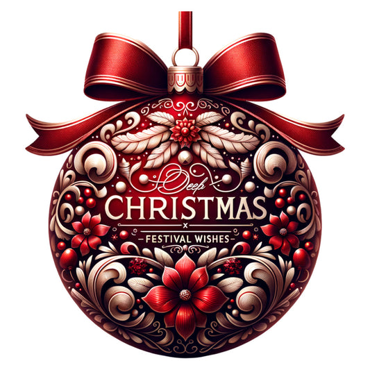 burgundy, deep red, gold accents, bronze, cream, ornate florals, decorative scrollwork, christmas ornament, satin ribbon, bow detail, poinsettia flowers, leaves pattern, holiday motif, elegant design, festive panel, quilting fabric, cotton panel, seasonal craft, luxurious style, vintage ornament