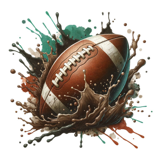watercolor football, paint splashes, brown leather, white laces, teal green, rust orange, black splatter, sports theme, athletic design, muddy texture, fabric panel, quilting cotton, boys room, sports decor, abstract splashes, dynamic motion, earthy tones, football season, game day, sporty artwork