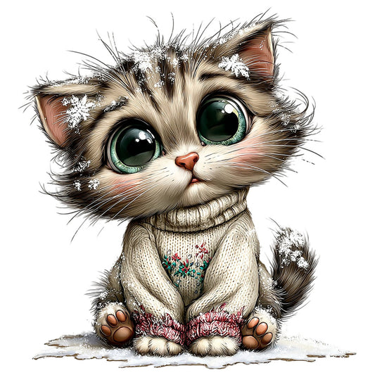 cute cat, whimsical cat, winter cat, snow, snowflakes, sweater, knit sweater, floral embroidery, embroidered details, green eyes, animals, cat illustration, woodland, cozy, winter theme, festive, holiday, snow covered, cream white, tan brown, forest green, rust red, burgundy, embroidered flowers, adorable character, children's fabric, baby animal, charming design, seasonal winter, nursery theme