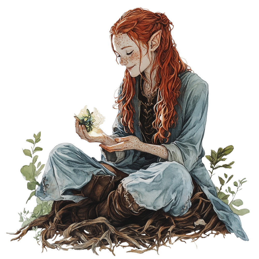 red hair, freckles, fantasy, elf, nature, botanical, whimsical, rustic, earthy tones, blue-grey, rust brown, cream, sage green, woodland, magical, storybook, character, fantasy art, illustration, feminine, bohemian, cottage core, adventure, enchanted forest, detailed art, decorative panel, wall hanging, fantasy character, nature lover