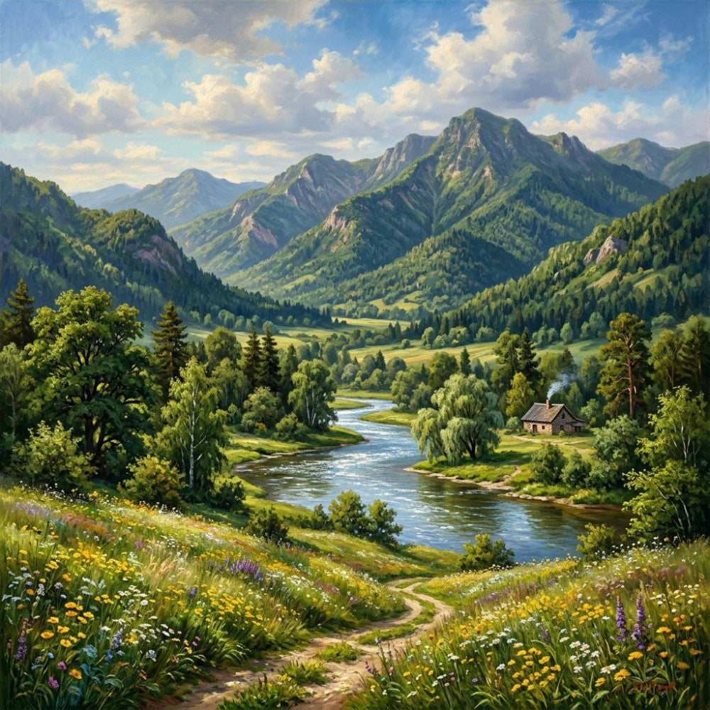 forest green, sage green, sky blue, cream, golden yellow, purple wildflowers, alpine landscape, mountain scenery, valley view, river landscape, countryside pastoral, meadow flowers, wildflower meadow, cottage landscape, nature scene, rustic landscape, traditional scenic, summer landscape, spring flowers, scenic vista, european countryside, tranquil nature, cottage core, farmhouse style, landscape panel, nature lover, outdoor adventure, scenic design, botanical landscape, mountain valley