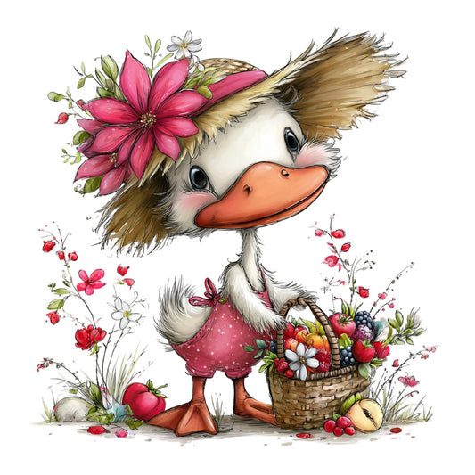 duck, goose, waterfowl, farm animals, coral pink, cream white, golden brown, sage green, floral, flowers, basket, fruit, berries, spring, summer, whimsical, farmhouse, countryside, nature, garden, cute animals, sweet, charming, children's, pastoral, strawberries, apples, daisies, polka dots, rustic