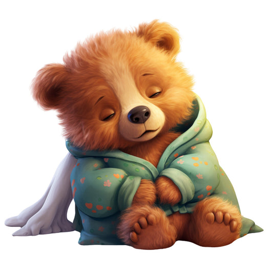 teddy bear, pajamas, orange fur, golden brown, mint green, floral pattern, sleepy expression, cozy mood, children's fabric, nursery panel, soft illustration, bedtime theme, cute animal, fabric panel, quilting cotton, whimsical art, pastel colors, comfort design, baby quilt, adorable character