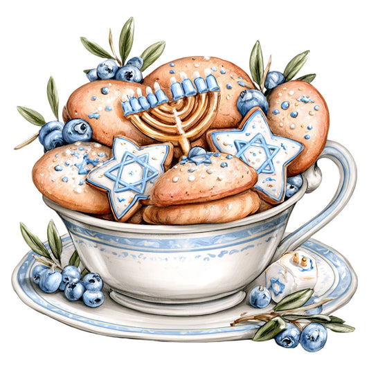 cream, white, cornflower blue, navy blue, gold, blueberry, star of david, menorah, jewish, hanukkah, religious, cultural, holiday, blueberries, olive branches, botanical, whimsical, elegant, traditional, vintage, decorative, dessert, bread, baked goods, food, kitchen, table topper, wall hanging, home decor, festive