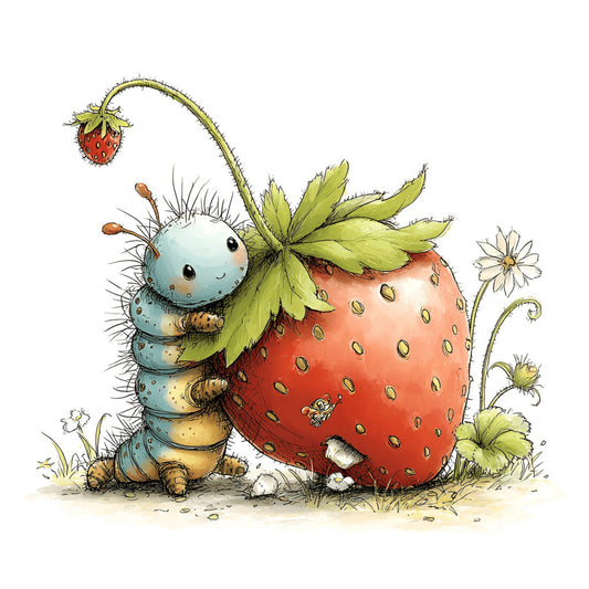 strawberry, caterpillar, whimsical, nature, garden, insects, blue green, coral red, cream, spring, summer, charming, children's, playful, illustration, storybook, adorable, cute, animal, botanical, leaves, flowers, daisies, friendly, pastoral, soft colors, woodland, nursery, baby, panel