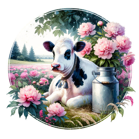 floral cows, fabric panel, pink peonies, dairy cow, milk can, pastoral scene, watercolor style, black and white cow, cottage core, farm animal, botanical flowers, green foliage, rustic charm, quilting cotton, circular design, peony blossoms, countryside meadow, soft pastels, vintage milk jug, whimsical illustration