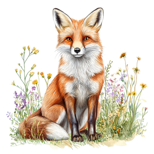 red fox, orange fur, white chest, wildflowers, purple blooms, yellow flowers, green grass, watercolor style, nature scene, wildlife art, botanical elements, sitting pose, amber eyes, pointed ears, bushy tail, meadow setting, fabric panel, quilting cotton, pastoral scene, countryside theme