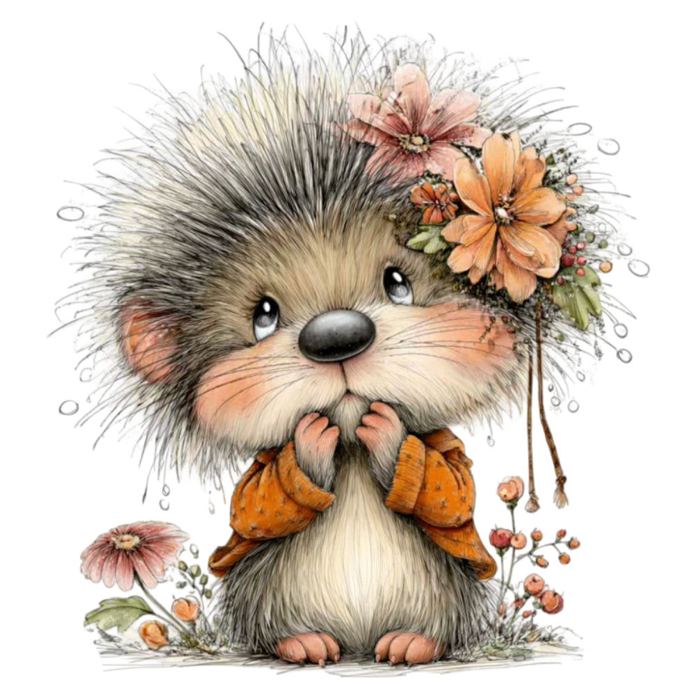 cute animal, hedgehog, flowers, floral, orange, peach, coral pink, dusty rose, sage green, cream, beige, gray, whimsical, woodland, nature, autumn, fall, children's, kids, baby, decorative, charming, illustration, watercolor, botanical, berry motifs, daisy, feminine, gentle, soft
