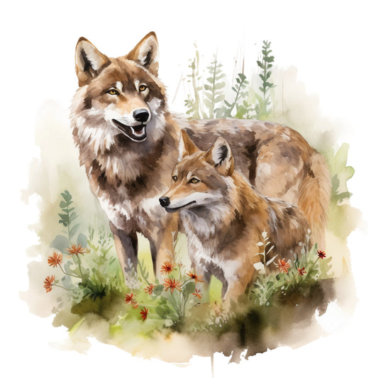 wolves, watercolor style, brown tones, tan colors, green foliage, orange flowers, wildlife scene, nature motif, forest animals, fabric panel, quilting cotton, realistic artwork, animal portrait, wilderness theme, earthy palette, botanical elements, wolf pair, natural setting, soft brushstrokes, outdoor scene