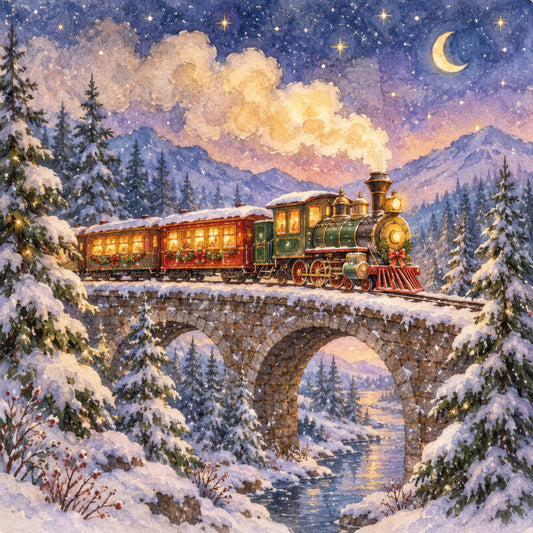winter, christmas, holiday, steam train, locomotive, vintage train, snow, mountains, starry night, crescent moon, stars, celestial, snowy trees, evergreen, forest, pine trees, night sky, navy blue, gold, cream, ivory, deep blue, warm gold, purple, twilight, magical, whimsical, nostalgic, traditional, scenic