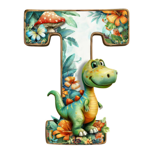 green dinosaur, letter t, tropical flowers, orange hibiscus, teal leaves, red mushroom, fabric panel, jungle theme, children's design, cartoon style, bright colors, educational alphabet, prehistoric creature, botanical elements, quilting cotton, nursery decor, playful illustration, nature motifs, yellow belly, whimsical art