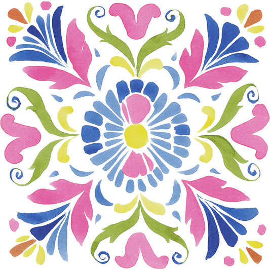 bright pink, navy blue, yellow, lime green, coral orange, floral, geometric, symmetrical, folk art, traditional, whimsical, botanical, medallion, sunflower, petals, scrolls, flourishes, spring, summer, vibrant, colorful, cheerful, nature-inspired, decorative, ornamental, multi-color, damask-style, playful, boho, cottage style