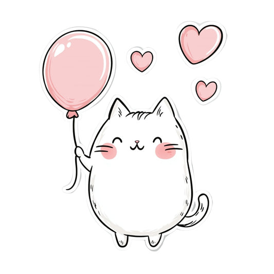 cute cat, white cat, pink balloon, hearts, love, whimsical, kawaii, playful, child-friendly, nursery, baby, animal characters, cat face, happy expression, closed eyes, blush cheeks, pink accent, balloon motif, love theme, cheerful, sweet, gentle, girl themed, greeting card style, storybook, adorable, innocent, pastel pink, soft colors, Valentine's day